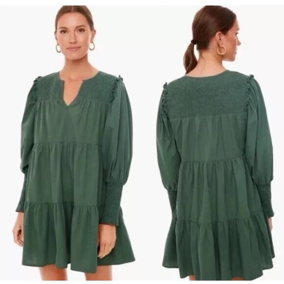 Pomander Place Dress sz M Ceci Smocked Long Sleeve Green Tiered Cotton Mini Boho - Picture 1 of 10